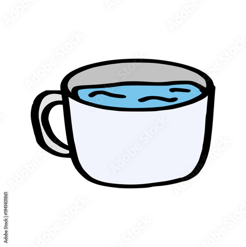 Cup of water, hand drawn doodle wax crayon texture, healthy hydration, ceramic mug with fresh drink element for cafe and wellness