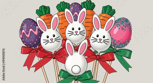 Easter bunny and egg cake pops with carrots and ribbons