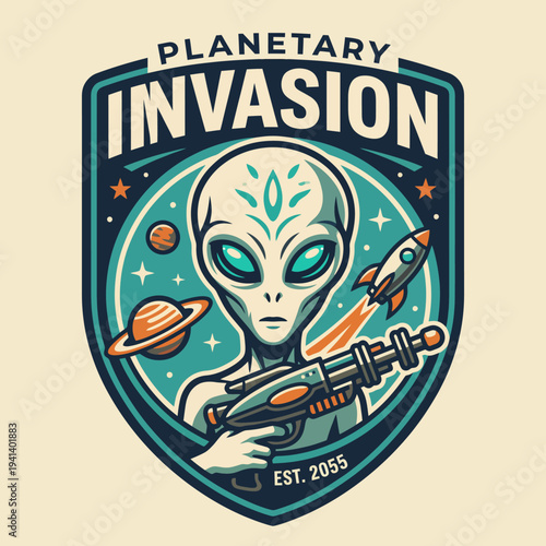 This striking image showcases an alien character holding a futuristic weapon, surrounded by planets, rockets, and stars in an eye-catching emblematic design.