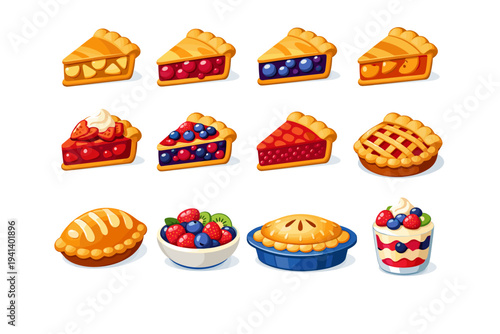 fruit pies. Colorful flat vector icons set of fruit pies: apple pie slice, cherry pie, blueberry pie, peach pie, strawberry pie, mixed berry pie, raspberry