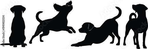 Black dog silhouette vector set with four playful poses, white background, pet design art