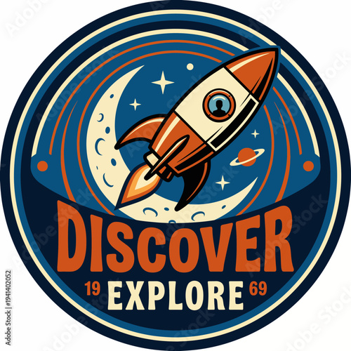 Featuring a vintage-inspired rocket launching into space, this image conveys the spirit of exploration and adventure, celebrating the historic year of 1969.