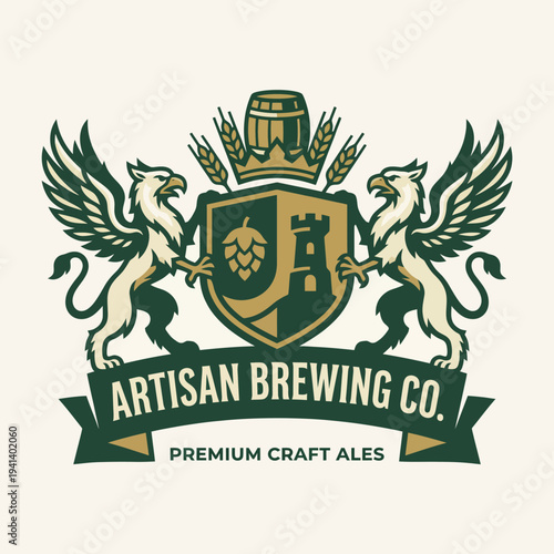 This image presents the logo of Artisan Brewing Co., featuring mystical griffins guarding a shield with brewing elements, emphasizing high-quality craft ales.