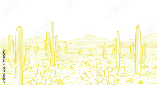 Desert Landscape with Saguaro and Prickly Pear Cacti, Yellow Line Art