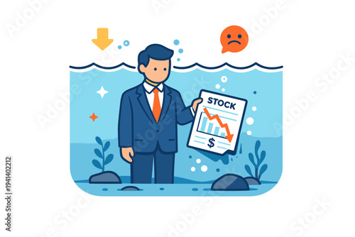 Employee option underwater visualized as a professional figure standing calmly below a water surface line, holding a sinking stock certificate that represents