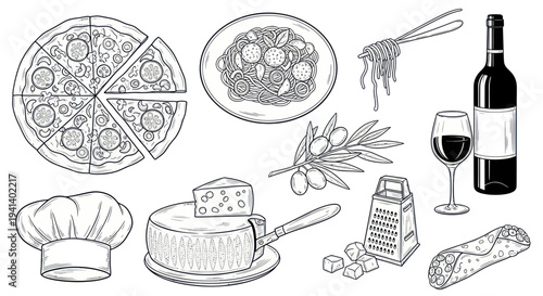 Italian Food Collage: Pizza, Pasta, Wine, Cheese, Olives, Cannoli, Chef Hat