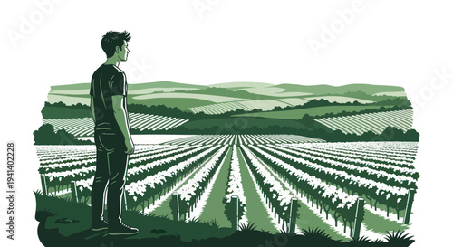 Man Standing in Vineyard, Looking at Rolling Hills, Green Landscape Illustration