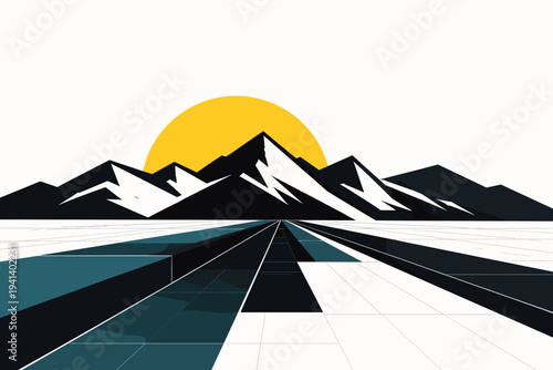 Side perspective of black-and-white angular mountains forming a zigzag horizon, bold yellow sun represented as a flat semicircle behind the peaks, contrasting