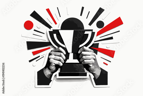 A black and white close-up of hands holding a symbolic trophy transformed into simple geometric shapes, layered paper-cut collage style with white contour,
