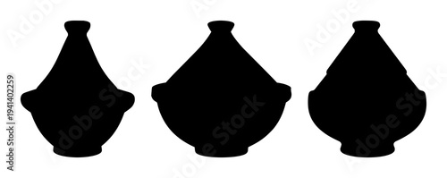Tagine pot set with solid black silhouette showing bold smooth curves featuring North African heritage, culinary icon, black line art with simple illustration and monochrome