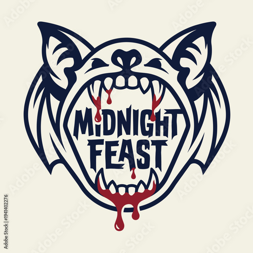 This graphic showcases a striking bat with its mouth wide open, emphasizing the midnight feast theme in a unique and bold design. Perfect for Halloween or spooky-themed events.