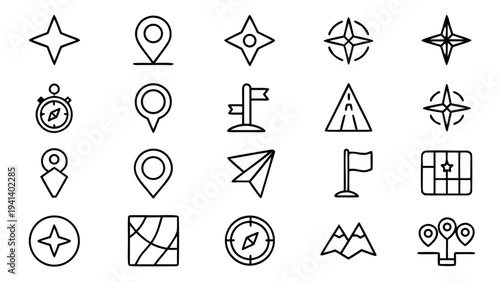 Set of thirty minimalist navigation and travel icons featuring compasses mountain ranges and map pins arranged in a grid on a black background.
