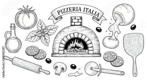 Pizzeria Italia: Italian Pizza Oven, Ingredients, and Utensils Sketch