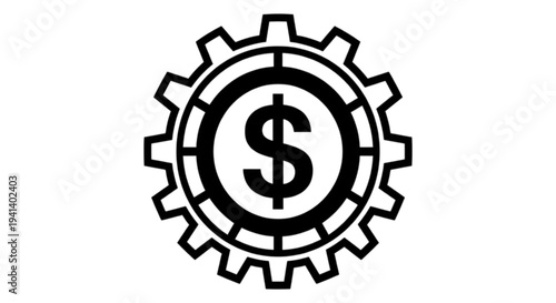 Professional vector image of a mechanical gear cogwheel containing a central dollar sign symbol representing financial systems, industrial economy, and money processing.