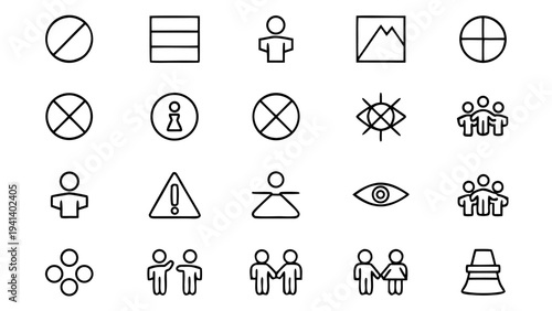 Set of thirty thin outline vector icons representing anti corruption and legal ethics concepts featuring scales of justice on a solid black background.