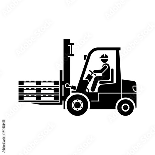 A flat black and white vector image of a professional forklift operator sitting in a modern industrial vehicle lifting a stack of wooden pallets.
