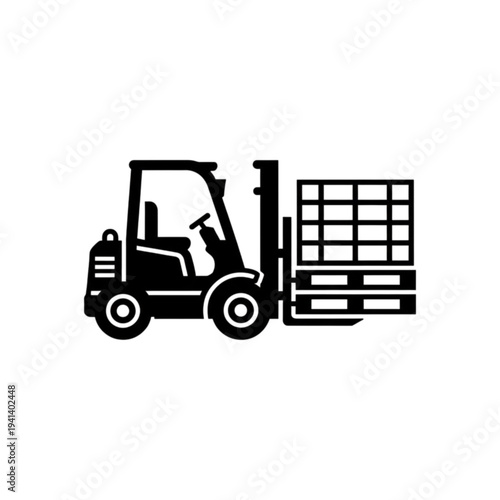 Heavy industry vector image of a forklift truck lifting a wooden pallet stacked with boxes for warehouse logistics and freight distribution.
