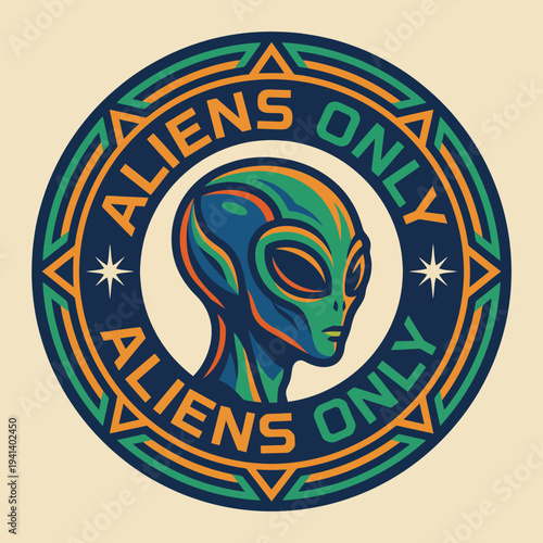 An intriguing design of an alien figure framed by a circular pattern, appealing to sci-fi enthusiasts, and symbolizing curiosity about extraterrestrial life and the unknown beyond Earth.