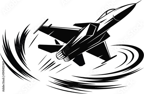 Fighter jet barrel roll illustration, dynamic vector aircraft performing aerial maneuver with motion lines and smoke trail representing speed aviation and air combat action.