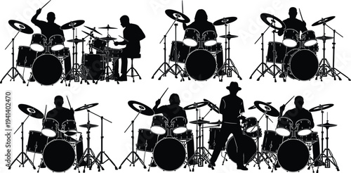 Set of drummer silhouettes performing on drum kit with cymbals and sticks for music band, concert, and cad drawing illustration