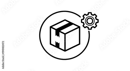 A minimalist circular vector image featuring a sealed cardboard box package with a mechanical gear icon representing automated logistics and industrial processing systems.