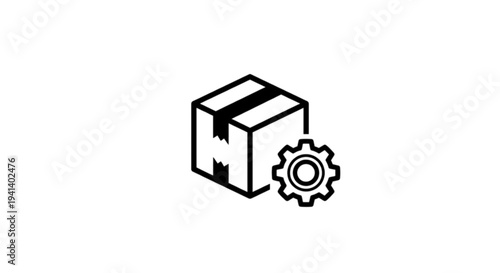 A clean line art vector image displaying a cardboard delivery box placed behind a rotating mechanical gear symbol for manufacturing and logistics concepts.