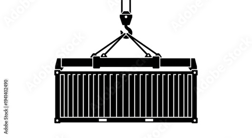 A detailed black and white vector image showing a large shipping container being hoisted by a heavy-duty crane hook and spreader beam assembly.