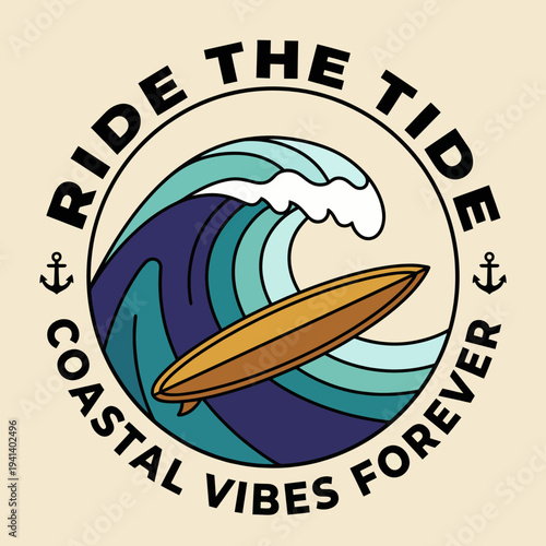 A beautiful illustration capturing the essence of surfing with waves and a surfboard, promoting a carefree coastal lifestyle and the joy of riding the tide, perfect for beach lovers.