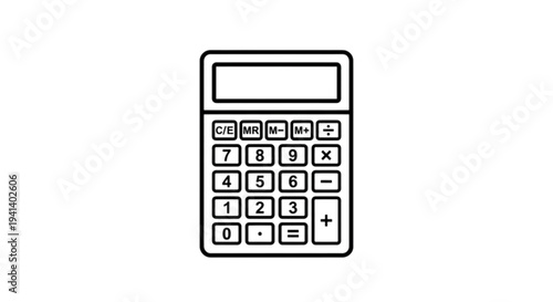A functional black and white vector image of a standard electronic pocket calculator with a digital display and various mathematical operation buttons.