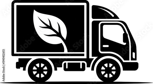 Eco friendly logistics vector image featuring a delivery truck silhouette with a large leaf symbol on the cargo box representing green shipping practices.