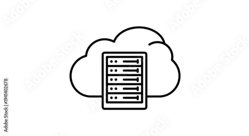 Cloud computing technology vector image showing a data server rack positioned in front of a cloud symbol representing network storage and hosting services.