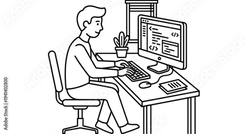 Flat design vector image showing a young man sitting at a desk and coding on a computer representing software development and professional programming.