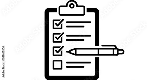 Useful administrative vector image of a clipboard with a checklist and pen showing completed tasks for project management and organization efficiency tracking.