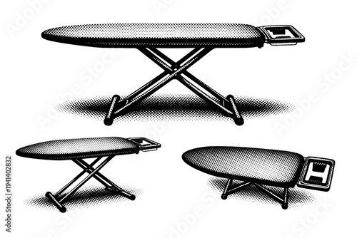 Ironing Board ? realistic full-size ironing board with padded surface and metal folding legs. Black and white dot style with halftone texture and