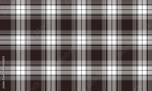 Seamless plaid fabric in brown, white, and black. Classic design, suitable for textiles, clothing, fashion, and design projects requiring a modern and unique look.