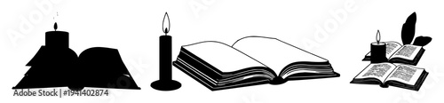Candle and book set with high contrast black silhouette of a lit candle next to an open book on white background featuring study, wisdom, illumination with black and white and minimalist