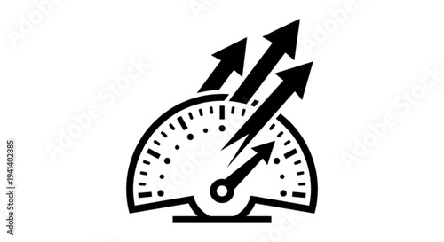 High performance dashboard speedometer vector image showing rapid acceleration with multiple black arrows pointing upward to represent fast growth, efficiency, and peak productivity levels.