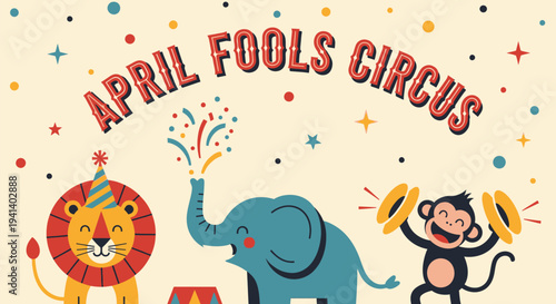 Colorful circus animals celebrate april fools' day with festive decorations and confetti