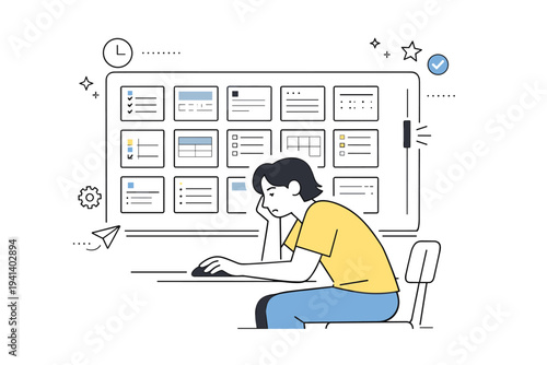 Productivity system fatigue. A user endlessly scrolling through template cards on a screen, posture frozen mid-action. Sense of chasing organization while