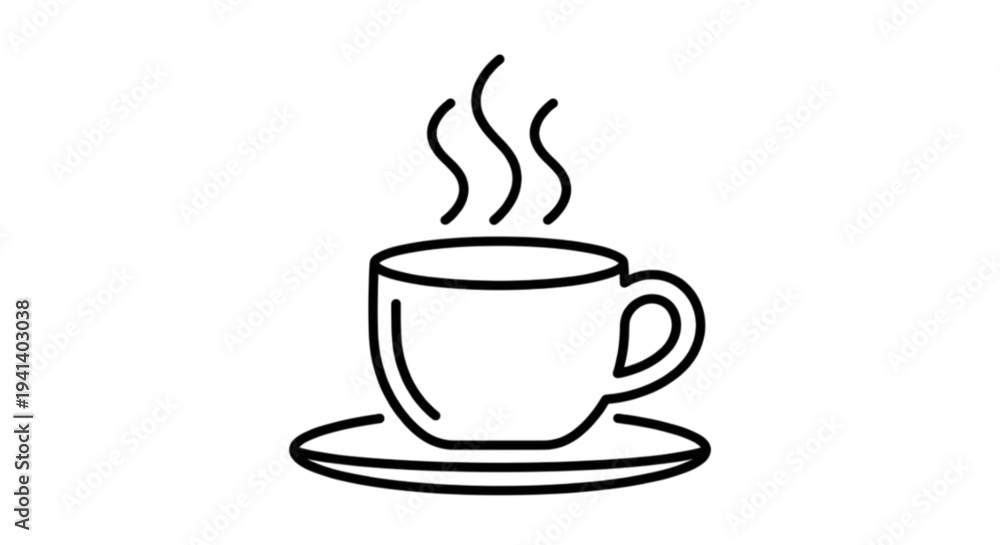 Fototapeta premium A charming line art vector image of a steaming hot cup of coffee or tea sitting on a saucer with rising heat.