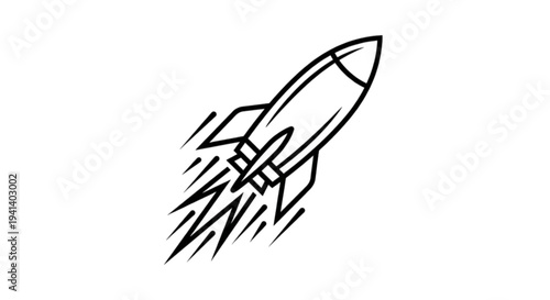A dynamic vector image showing a sleek space rocket soaring upwards with speed lines and exhaust flames representing a successful launch mission.