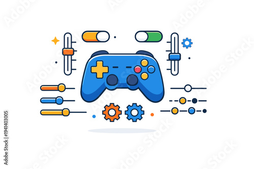 Custom control scheme design visualized as a controller surrounded by sliders, toggles, and small gear icons. A structured and creative concept of fine-tuning