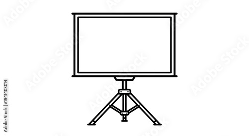 A clear vector image of a blank projector screen standing on a sturdy tripod base used for professional business presentations and educational lectures.
