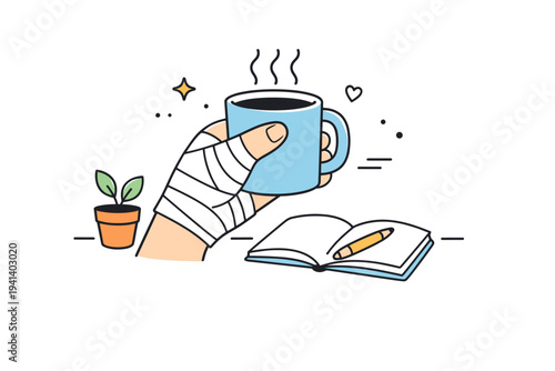 Bandaged hand at work or daily life. A minimal editorial scene of a bandaged hand holding a simple object, suggesting continuation of routine despite injury.