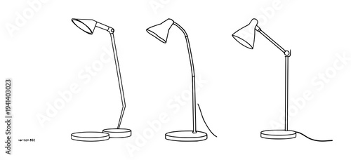 Designer task lamp set with minimalist line art design featuring interior office design, thin consistent stroke, white background with illustration and vector graphics