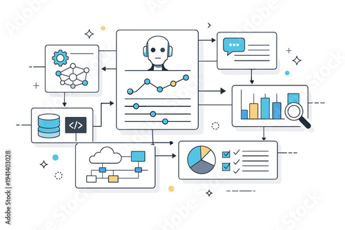 AI system architecture. Modular panels and interfaces floating in space, connected into a single system. The scene represents structure, scalability, and