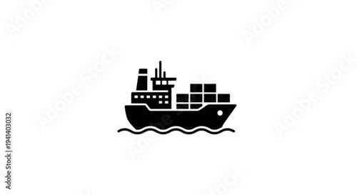 A solid black vector image of a massive cargo ship carrying multiple containers on the ocean waves for international maritime trade logistics.