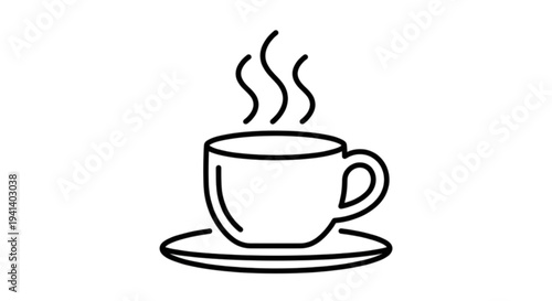 A charming line art vector image of a steaming hot cup of coffee or tea sitting on a saucer with rising heat.