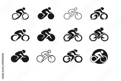 cycling. Icon set. Set Logo of cycling: cyclist silhouette. harmonious logo variations of the same emblematic concept, each with different artistic