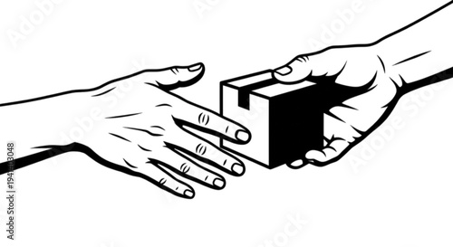 A meaningful vector image showing a hand-to-hand delivery of a small cardboard box representing a successful transaction and package distribution service.